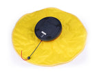 Yellow inflatable pool cover with a black solar panel on a white background